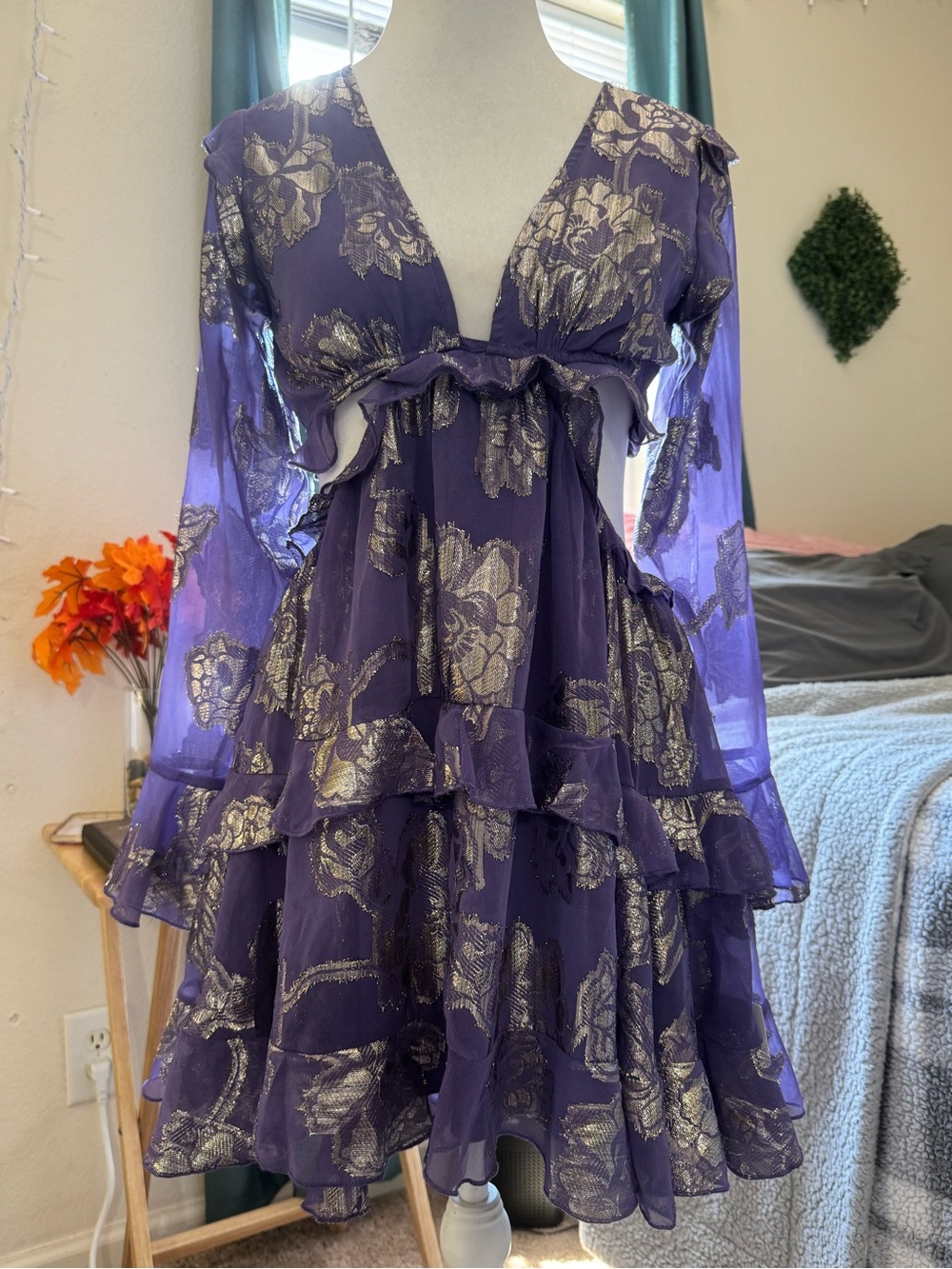 ASOS Purple Long Sleeve Tiered Ruffle Dress with Gold Floral Shine
